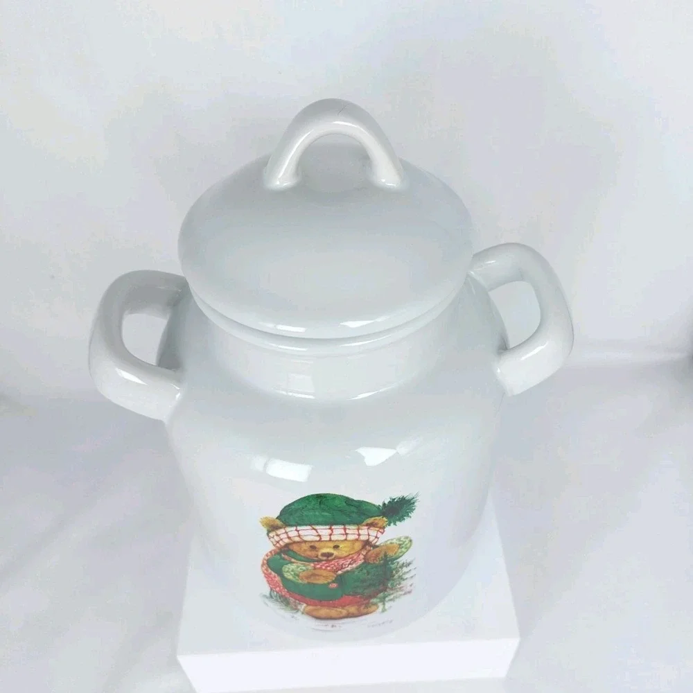 Vtg Hallmark Christmas Teddy Bear Holly Canister Jar Lid‎ Handles 9